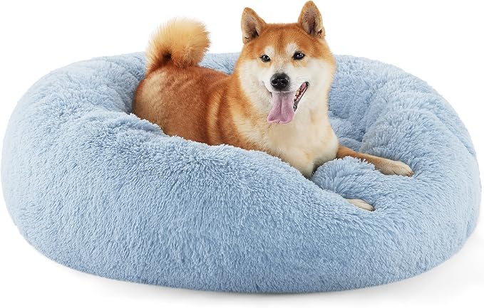 Bedsure Calming Dog Bed Medium Size Dog Donut Washable Pet Bed,30ins | Fluffy Faux Fur Round Cuddler,Machine Washable,Anti-Slip Bottom,Anti-Anxiety,Deep Sleeping for Pets Up to 45 Lbs,Light Blue by Unknown