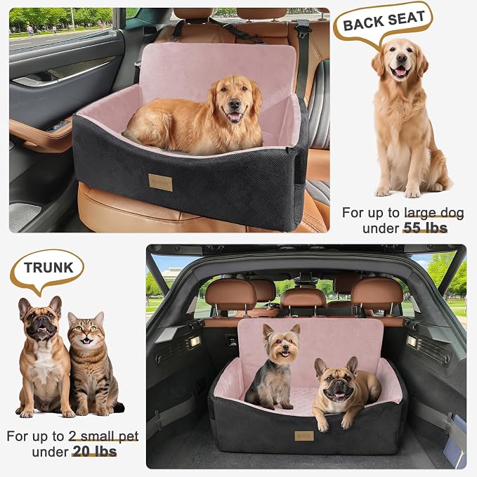 JOEJOY Dog Car Seat for Large Medium Sized Dogs Under 55 lbs, Dog Booster Seat for 2 Small Dogs with Detachable Washable Cover, Memory Foam Pet Car Seat with 2 Safety Belts and Storage Pockets - Image 6