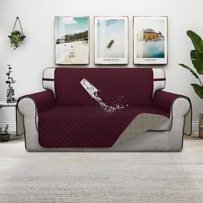 ISSUNTEX Double Protection 100% Waterproof Loveseat Sofa Covers for Living Room, Couch Covers for 2 Cushion Couch Sofa, Reversible Furniture Protector Sofa Cover for Dogs (Loveseat, Wine/Beige) - Image 2