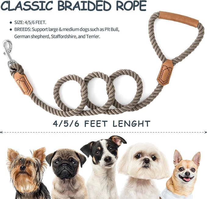 Mile High Life Dog Leash Braided Cotton Rope w/Leather-Wrapped Ends/Handle | Rust-proof 360° swivel clasp, Heavy-duty for medium/large breeds. Great for weddings, daily walks (6 FT, 1/2", Black) - Image 3