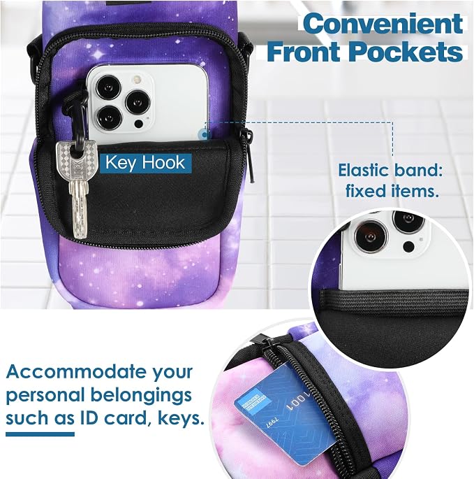Nuovoware Water Bottle Carrier Bag, 25oz/32oz, StarrySky Purple | Adjustable Shoulder Hand Strap, 2 Pocket, Sling Neoprene Sleeve, Sports Water Bottle Accessories - Image 2