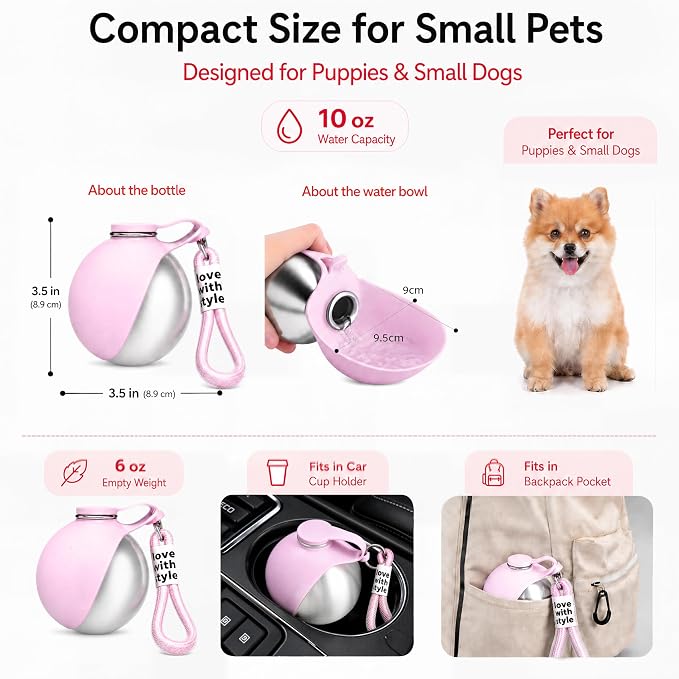 Portable Dog Water Bottle for Walking, 10oz Stainless Steel Pet Water Dispenser with Foldable Silicone Bowl, Leak-Proof Puppy Water Bottle for Small Dogs&Cats,Travel Hiking Outdoor Use(Pink) - Image 4