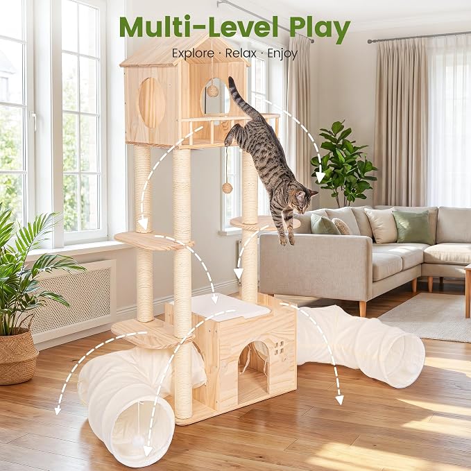 58 Inch Large Solid Wood Cat Tree, Tall Cat Tower for Indoor Cats, Cat Tree House with Double Tunnels, Sisal Scratching Posts, Washable Cushion, Hanging Balls, Natural - Image 7