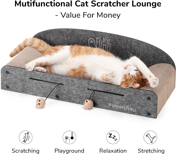 FUKUMARU Large Cat Scratcher Bed, 26 Inch Cat Scratching Bed Sofa Indoor | Cardboard Cat Scratcher with 2 Reversible Scratch Pad Refills, Durable Large Cat Scratching Lounger with Ball Toy, Grey - Image 2