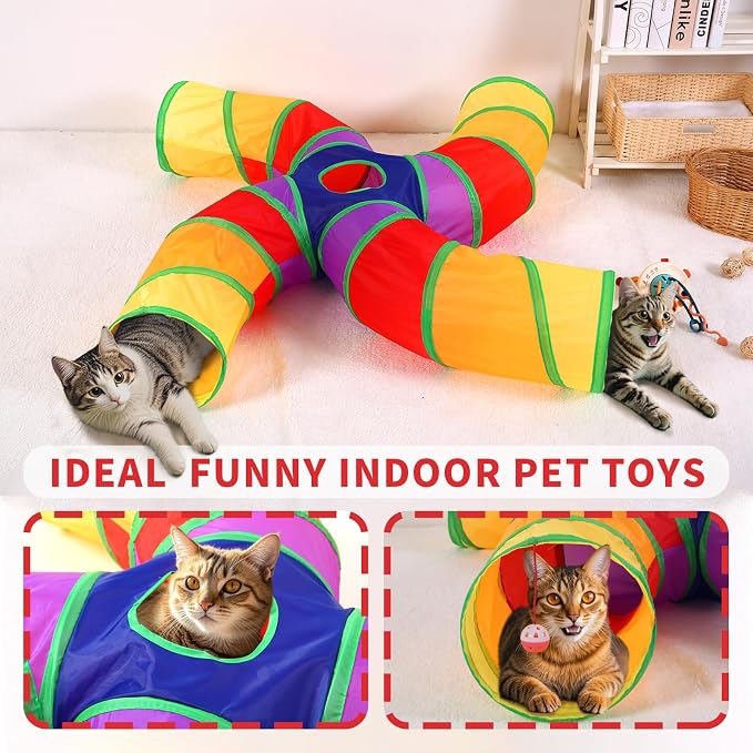 Pet Cat Tunnel, 4 Way Tunnels for Indoor Cats, Collapsible Pet Tunnel for Kitten, Puppy, Rabbit, 25cm-Wide Tunnels, Durable & Breathable, with Peek Hole Toy Ball - Image 3