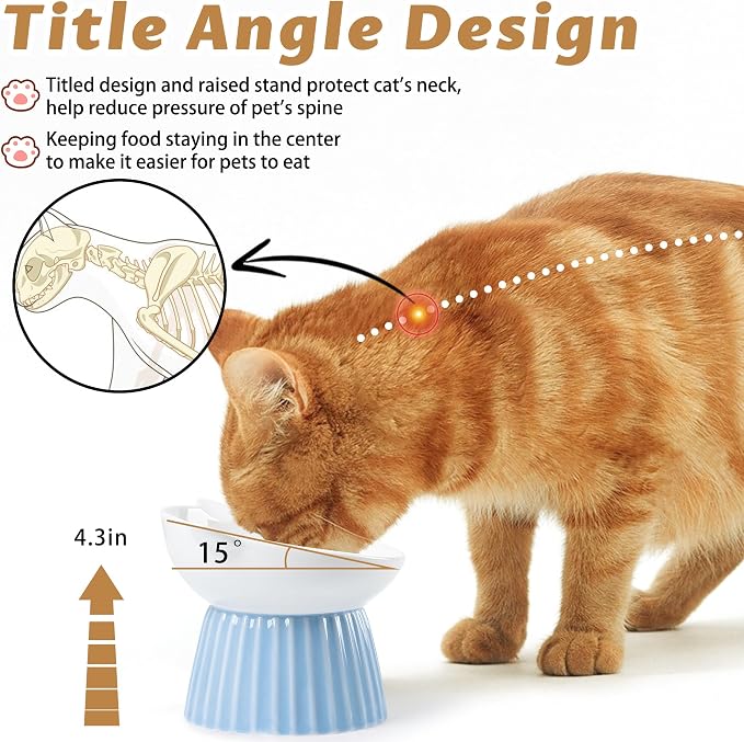 Ceramic Raised Cat Bowl，Tilted Raised Cat Bowl Anti Vomit Cat Bowls for Indoor Cats Whisker Friendly Pet Feeder for Cats Puppies, Microwave and Dishwasher Safe, Blue - Image 3