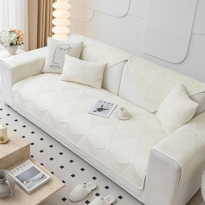 vctops Cotton Quilted Couch Covers for Sectional Sofa (Cream,43"x94") | Geometric Washable Non Slip Sofa Slipcover for Dogs, Children, Pets Furniture Protector Cover - Image 7