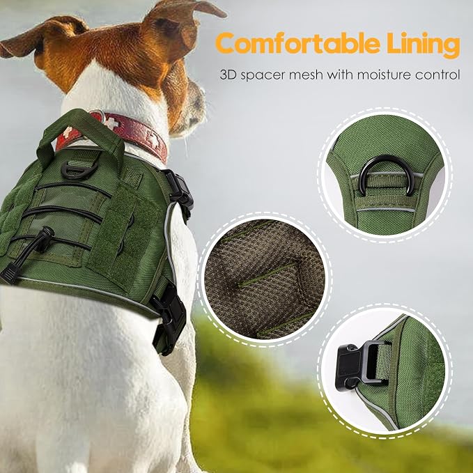 Heavy-Duty Tactical Dog Harness for Large Dogs, No Pull Adjustable Reflective Pet Vest with Molle System, K9 Military-Grade Control for Service Training, Outdoor & 10+ Breeds, Green, Medium - Image 3