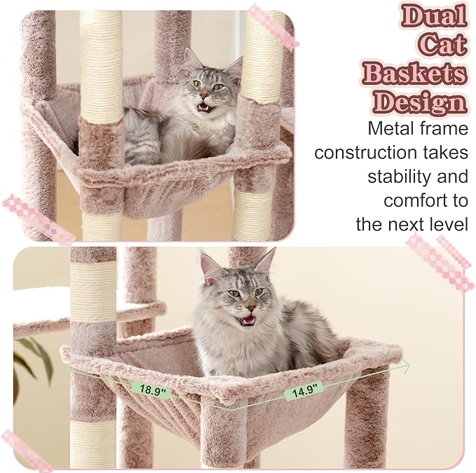 Heybly Cat Tree, 71-Inch Tall Cat Tower for Large Maine Coon Cats HCT037MU | Cat Condo Furniture with Extra-Large Baseboard, Multi-Level Platforms, 2 Hammocks and 12 Scratching Posts, Rosy Brown - Image 5