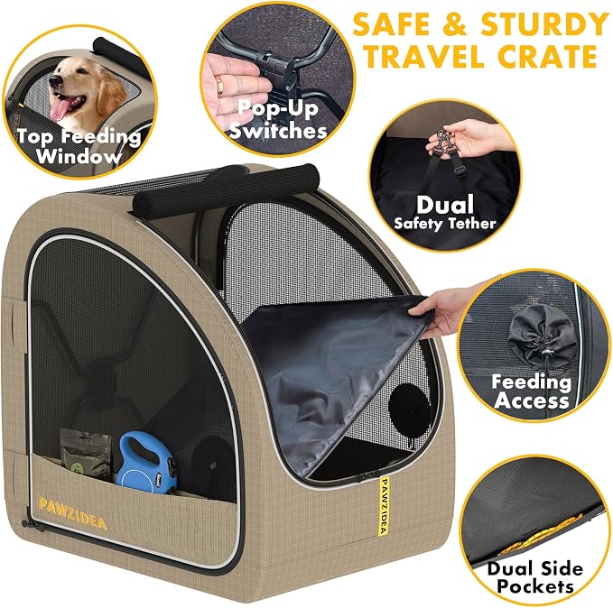 PAWZIDEA Portable Dog Crate for Car Travel, Medium & Large Dogs Up to 80lbs | Enclosed Soft-Sided Dog Car Kennel for Backseat, Secures w/ Seatbelt & Headrest Strap, Collapsible Car Carrier, Chew-Proof - Image 8
