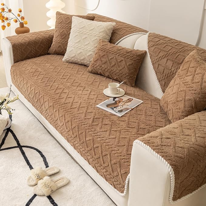 vctops Geometric Jacquard Plush Sofa Couch Covers Farmhouse Neutral Non Slip Sectional Couch Cover Soft Warm Sofa Slipcover for Dogs, Children, Pets Furniture Protector (Coffee,28"x59") by vctops