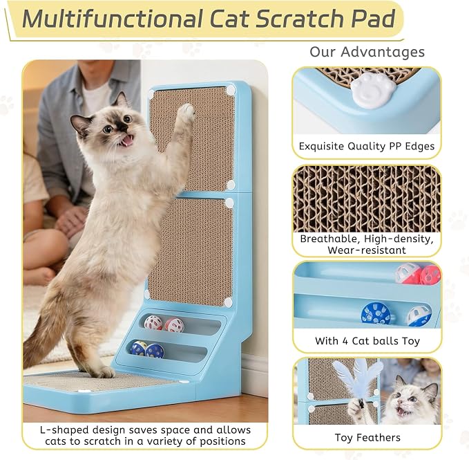 Cat Scratcher Cat Scratch Pad L Shape Wall Mounted Dual Use (Vert/Horiz) Kitten Bunifa Scratching Card Board Vertical Post with Ball Toys Feathers,Protecting Furniture Core is Replaceable Large Blue - Image 3