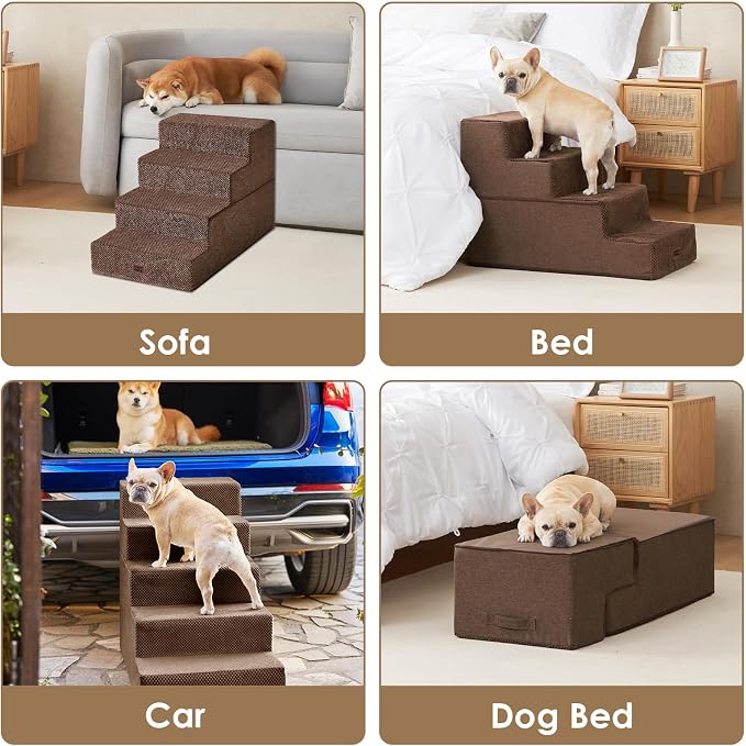 EHEYCIGA Dog Stairs for Bed 20" H, 4-Step Extra Wide Dog Steps, Brown | Pet Steps for Small Dogs and Cats for High Bed, Non-Slip Balanced Pet Ramp Indoor - Image 8