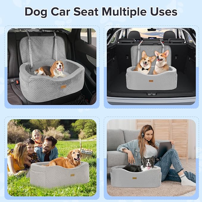 BLVRYVIO Large Dog Car Seat for Medium Sized Dogs Under 55lbs or 2 Smalls | Double Pet Booster Dog Seat for Car with 4" Memory Foam for Back Seat, Triple Safety Belts, Storage Pockets, Washable, Gray - Image 7