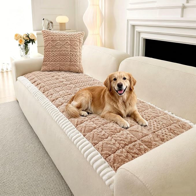 OTOB Couch Cover for Dogs Washable Pet Friendly, Non Slip Plush Fuzzy Love Seat Couch Covers Sofa Slipcovers, Geometric Jacquard Soft Pet Cushion Mat Protector All Seasons, (Camel, 27.6" x 59.1") by OTOB