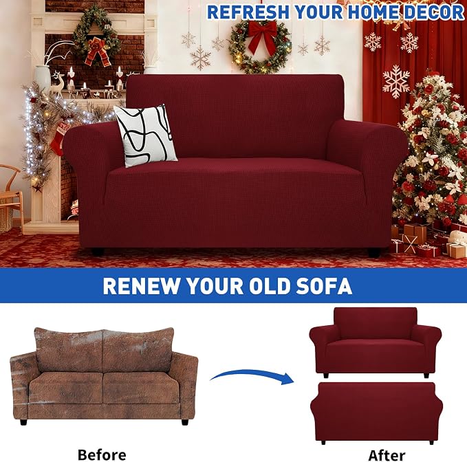 MAXIJIN Stretch Loveseat Sofa Slipcovers 1 piece Love Seat Couch Covers for 2 Cushion Couch Non Slip Sofa Cover Washable Dog Cat Proof Furniture Protector Pet Friendly (Loveseat, Wine Red) - Image 2