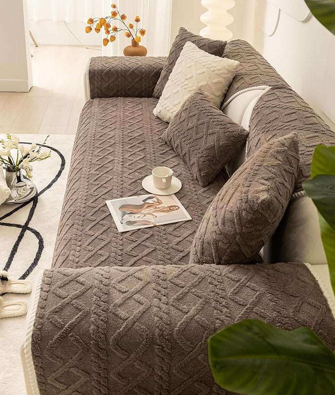 vctops Geometric Jacquard Plush Sofa Couch Covers Farmhouse Neutral Non Slip Sectional Couch Cover Soft Warm Sofa Slipcover for Dogs, Children, Pets Furniture Protector (Brown,28"x35") - Image 5