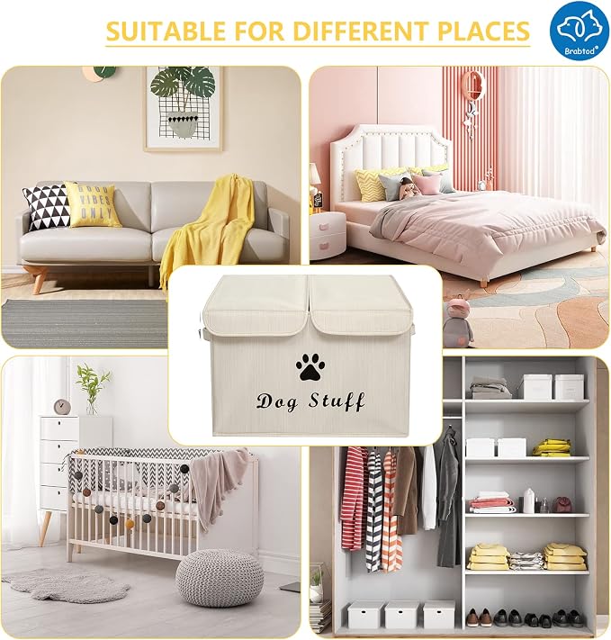 Large Dog Toys Storage Box Canvas Storage Basket Bin Organizer with Lid - Collapsible Linen Bin Ideal for Organizing Dog Cat Toys and pet Stuff-PP Boad-17" x 12" x 10" - Slub Beige - Image 3