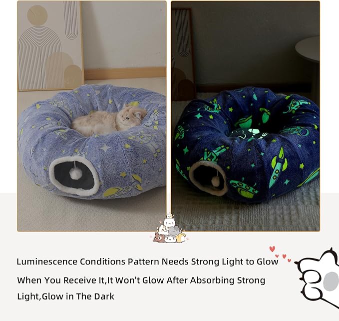 Under Christmas Tree Large Cat Tunnels Bed Tube for Indoor Cats Glows in The Dark Cat Tunnel with Cushion and Plush Ball Toy Toys for Dog Puppy Kitten Rabbit Bunnies Ferret Pet Blue - Image 6