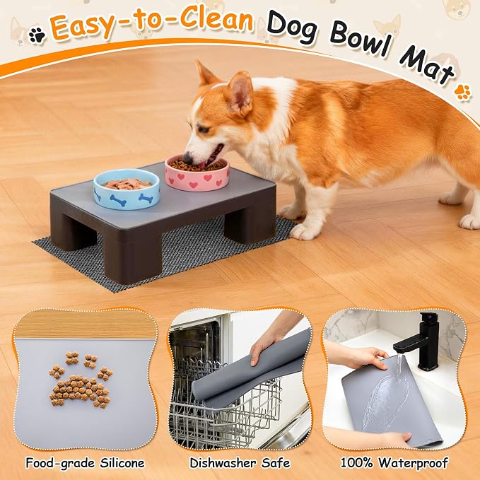 2 Pcs Elevated Dog Bowl Stand with Waterproof Dog Food Mat, Non-Slip, Black | Reduce Neck & Joint Strain, Easy to Clean Silicone Pet Feeding Mat, Sturdy Legs, Ideal for Small & Medium Dogs and Cats - Image 6