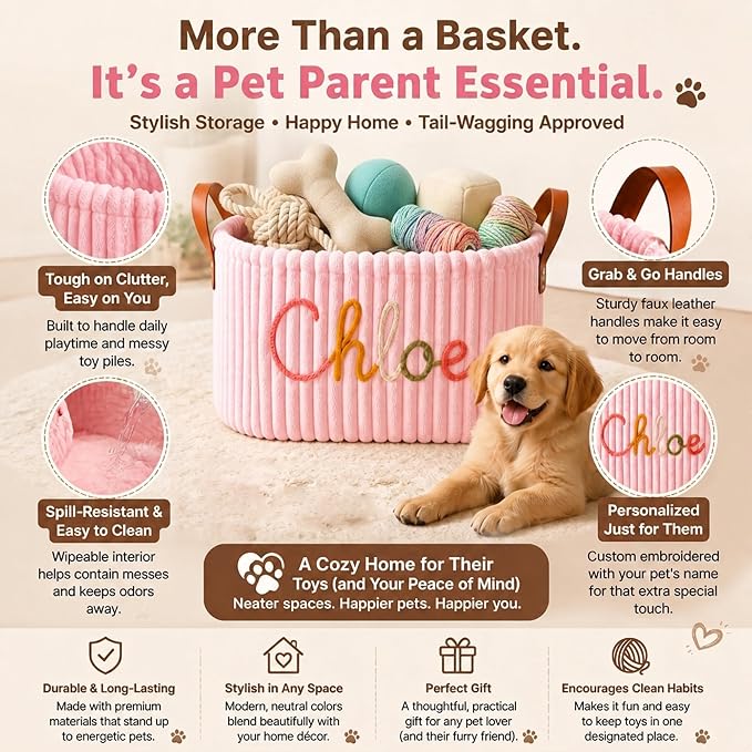 Personalized Large Dog Toy Basket, Corduroy Dog Toy Bin Storage with Name | Custom Cat Toy Basket with Handles, Soft Puppy Toy Basket, Pet Supplies, Gift for Dog Lovers,4 Colors - Image 4