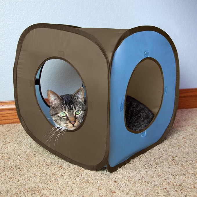 Kitty City Pop-Up Rolling Cat Cube & Tunnel Toy, Collapsible Indoor Cat Play Cube with Peekaboo Openings & Hanging Tassel, Lightweight Foldable Cat Furniture - Blue/Brown - Image 2