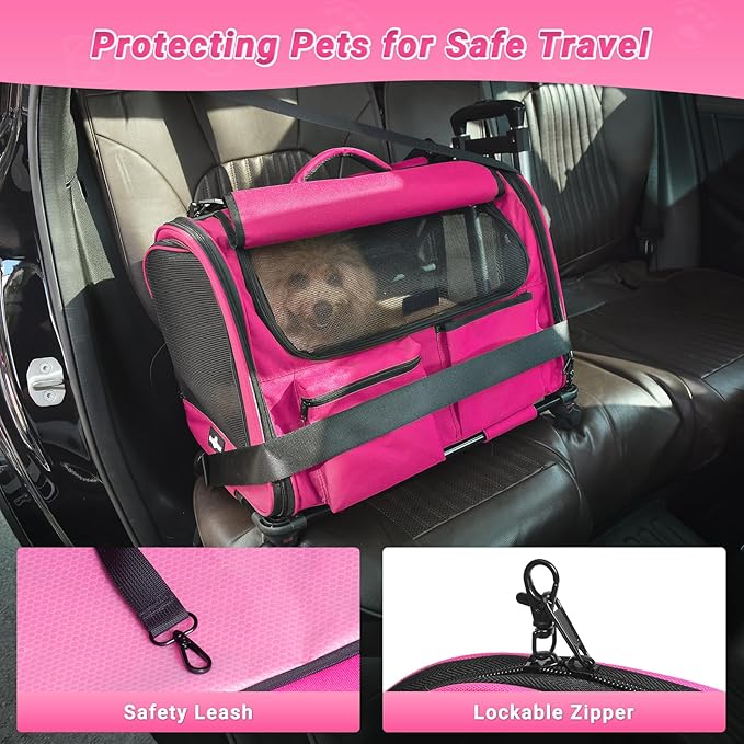 Large Pet Carrier with Wheels, Foldable Rolling Dog Carrier with Big Pocket, Cat Rolling Bag 21"x13"x13" for 2 Cats &Dogs, for Travel, Outdoor, Vet Visits, Camping, Indoor.Pink. (Not for Airline) - Image 5
