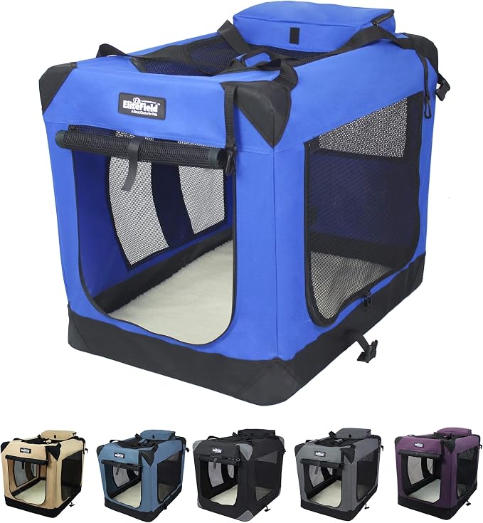 EliteField 3-Door Soft Dog Crate with Bed & Carrying Bag (2-Year Warranty) | 3 Mesh Doors, Steel Frame, Removable & Washable Crate Cover and Bed Cover, Storage Pockets, Indoor/Outdoor, Foldable by EliteField