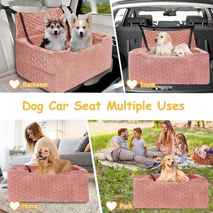 Dog Car Seat for Medium/Large Dog Booster Seat Under 60 lbs or 2 Small Dogs, Multi-Functional Pet Car Seat with Thick Cushion, 2 Safety Leashes (Pink) - Image 6