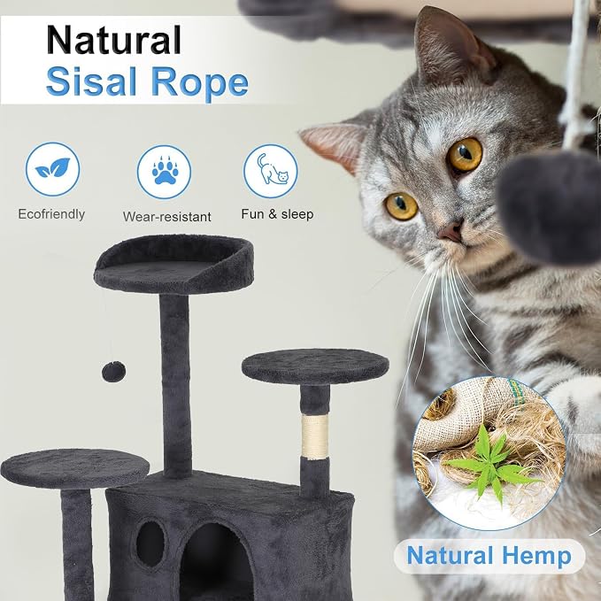FDW | 62" Cat Tree Tower | Dark Gray | Multi-Level Indoor Activity Center with Sisal Scratching Posts, Condos, Plush Perches, Hanging Cat Toys | Sturdy, Easy to Assemble | for Kittens & Adult Cats - Image 4