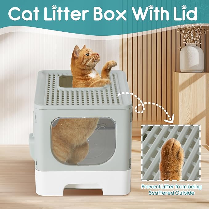 OLIXIS Cat Litter Box with Lid, Large Foldable Cat Box with Scoop, Front Entry Top Exit Kitty Litter Boxs with Door, Easy Cleaning Drawer Design Odor Control, Grey - Image 3