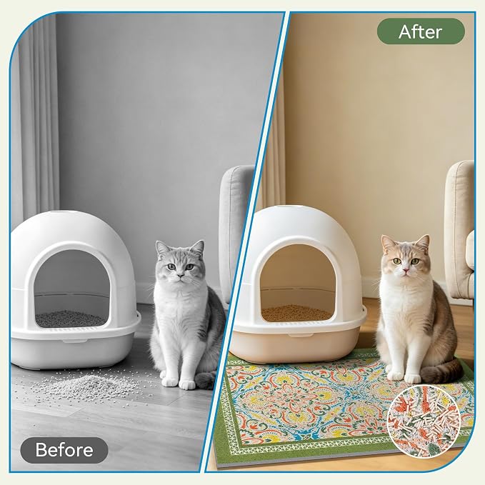 Cat Litter Mat, 33"x22" High-Density PVC Cat Litters Trapping Mat, Waterproof & Non-Slip Backing, Litter Box Catcher, Soft on Kitty Paws, Easy Washable Pet Supplies Bean-Green - Image 5
