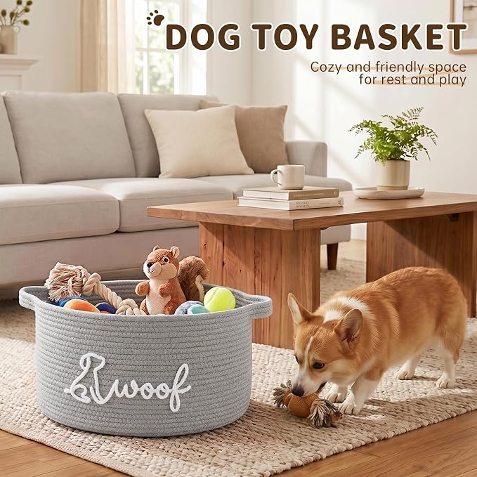 OIAHOMY 22L Large Dog Toy Basket, 16.5"x11.4"x9" Cotton Rope Basket with Cute Woof Embroidery, Soft Woven Pet Toy Box with Handles for Blankets, Leashes & Puppy Accessories, Decorative Organizer Gray - Image 2