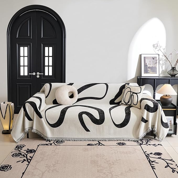 MYSKY HOME Couch Cover for 3 Cushion Couch Sofa Cover, Super Soft Boho Couch Covers for Dogs Washable, Jacquard Sofa Slipcover Furniture Protector for Living Room, 91" x 134", Black Curve - Image 8
