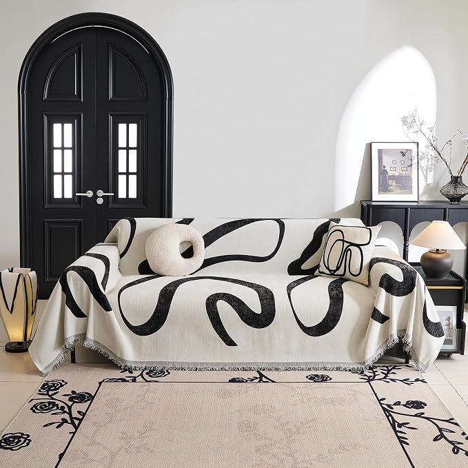 MYSKY HOME Boho Couch Cover Super Soft Couch Covers for 2-3 Cushion Couch Sofa, Modern Black Jacquard Sofa Slipcover Loveseat Futon Cover, Couch Covers for Sectional Sofa, 71" x 134", Black Curve - Image 8