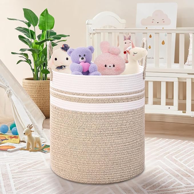 Laundry Hamper for Organizing, 52L Large Laundry Baskets, Cotton Rope Woven Blanket Basket, Collapsible Laundry Hamper for Living Room, Nursery, 15"×18", Jute - Image 8