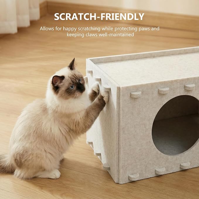 Cat House for Indoor Cats, Scratch Resistance Cat Cave Bed, Felt Peekaboo Cat Hideaway for Large & Multiple Cats Up to 22Lbs, Cream - Image 5