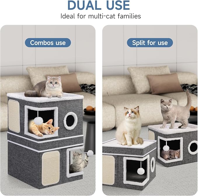 Shikha 2 Story Cat House beds for Indoor Cats with Scratch Pads Grey | 2 in 1 Dual Use Double Cat Bed Cave for Multiple Pets Kitten, Elevated Perch for a Wide View, All Season Reversible Cushion - Image 2