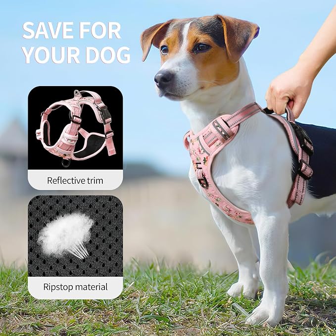 HEELE Dog Harness, No Pull Adjustable Padded Reflective Harness for Small Medium Large Dogs with Handle for Walking Training, Flower-Pink, M | Front Clip for Medium Dog Harness, 2 Metal Rings with Handle, Adjustable, Soft Breathable Padded Pet Vest for... - Image 5