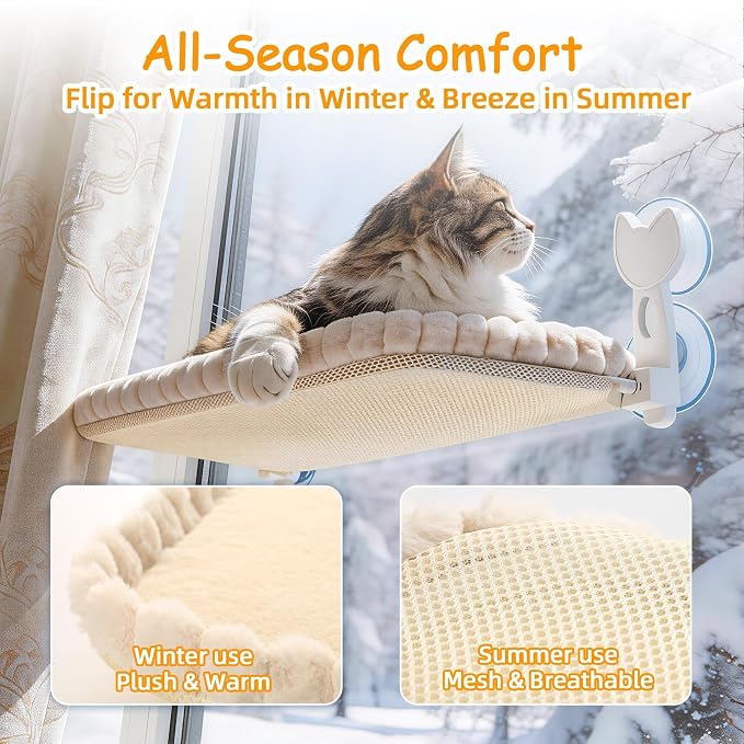 Cat Window Perch - Beige Cordless Foldable Cat Window Hammock for Large Cats, Sturdy Metal Frame Hanging Cat Bed, 40 lbs Capacity - Image 3