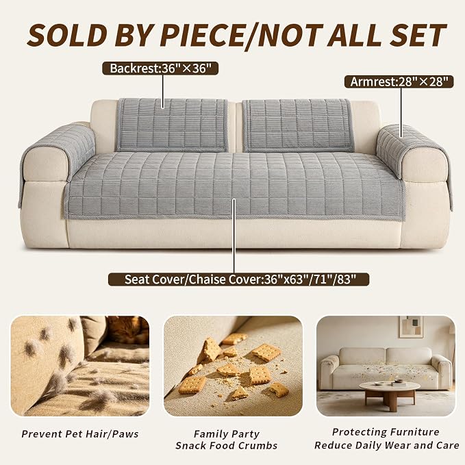 Couch Covers for Sectional Sofa, L Shaped Modular Couch Cover | 35”x83” Light Grey Velvet Non Slip Sofa Covers Washable for 3 Cushion Sofa, Couch Protect Against Pet Hair, Scratches Stains - Image 4