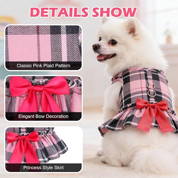 EXPAWLORER Dog Harness Small Medium Sized Dogs, No Choke No Pull Mesh Vest | Plaid Dog Dress Bowknot Harness and Leash Set Soft Cute Princess Puppy Outfits Clothes Costume for Girls Party Cats Pink XS - Image 2