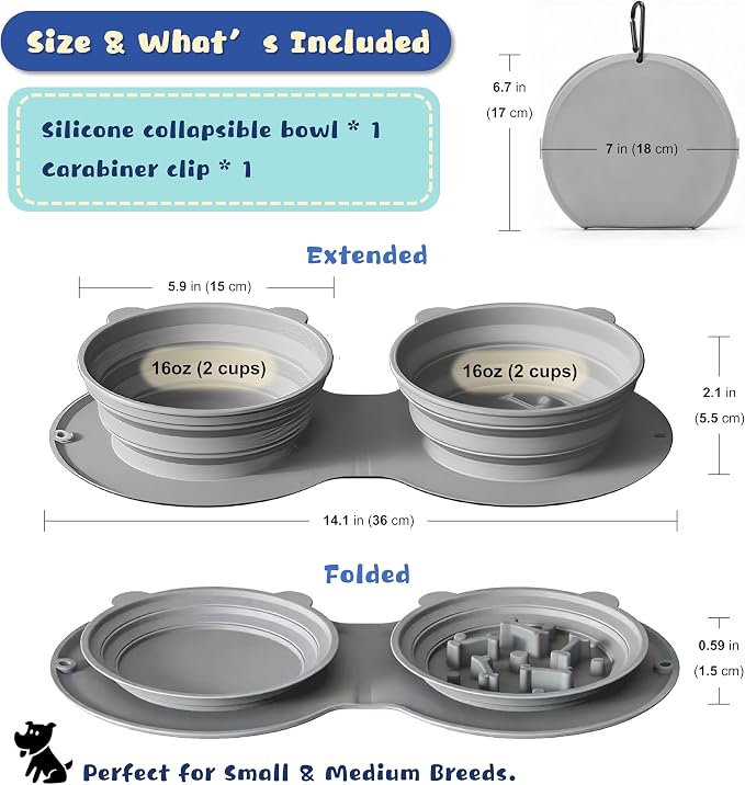 Premium Silicone Collapsible Dog Bowl with Carabiner Clip, 2-in-1 Foldable Double Pet Food & Water Travel Bowl, Portable No-Spill Design for Walking Hiking Camping, for Small Medium Dogs - Image 5
