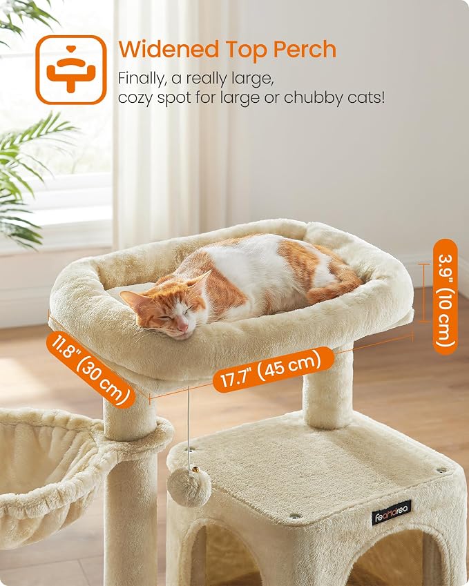 Feandrea Cat Tree, 37.8-Inch Cat Tower, Multi-Level Condo with Widened Perch, Scratching Posts and Ramp, 2-Door Cave, Hammock, Beige UPCT51M - Image 4
