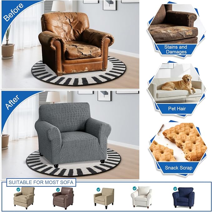 MAXIJIN Waterproof Chair Cover Armchair Covers for Living Room, 1 Piece Stretch Single Sofa Chair Slipcovers with Arms, Washable Furniture Protector for Dogs Pets (Small, Light Gray) - Image 6