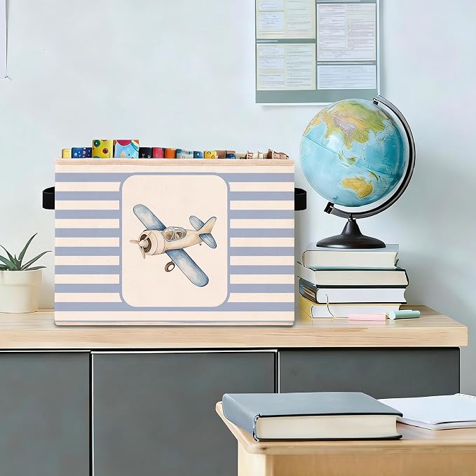 Airplane & Hot Air Balloon Storage Basket, Blue Stripe Foldable Toy Bin | Cute airplane and hot air balloon design with blue stripes; foldable fabric bin for toys, books, clothes, nursery. - Image 3
