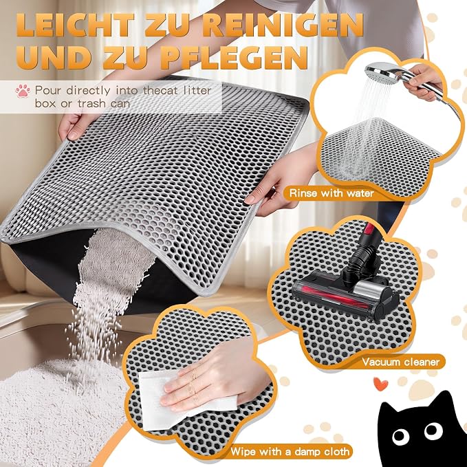 Cat Litter Mat 46"x26", Double Layer Waterproof Litterbox Mat, Gray | Non-slip backing, washable for easy cleanup, traps stray litter with waterproof honeycomb large grid that is urine-proof. - Image 5