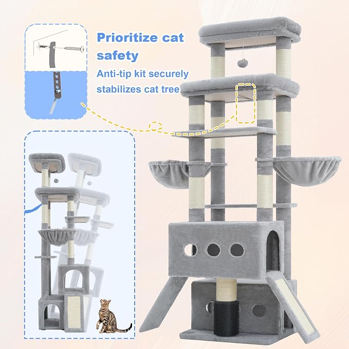 Hey-brother Cat Tree Tower with Multi-Level Platforms, Cozy Condos, MPJ085W | 71.5 Inches Cats House, Scratching Posts with 2 Hammocks, Scratch Board, 2 Plush Baskets for Multiple Indoor Cats, Light Gray - Image 7
