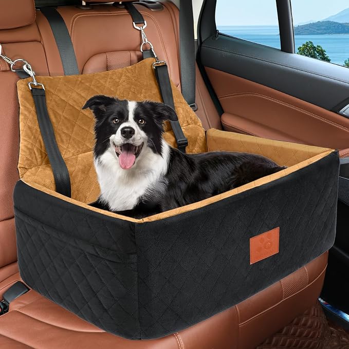 NEEZUKAR Dog Car Seat for Large Medium Size Dogs, Pet Car Seat Under 55 lbs | Thick Cushion, Detachable Washable Dog Booster Seat for 2 Small Dogs, Travel Dog Car Bed with Storage Pockets, 2 Safety Belts by NEEZUKAR