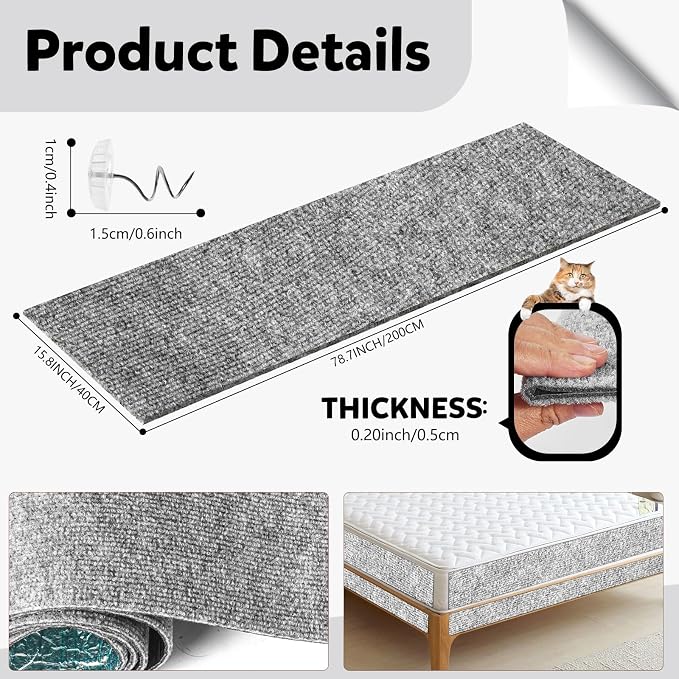 Cat Scratch Couch Furniture Protector,Trimmable Self-Adhesive Cats Claws Scratch Pads, Sisal DIY Climbing Couch Protector for Scratch Post Cat Tree Replacement Indoor(Light Gray, 78.7"x15.8") - Image 7